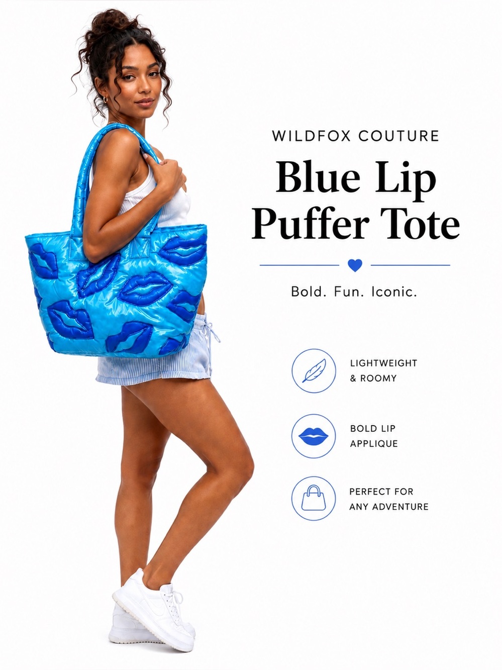 Wildfox Quilted Blue Puffy Tote Bag blue Lips Pattern Travel large bag NWT Zip